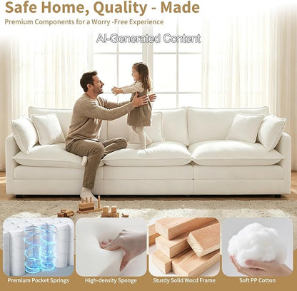 GNIXUU 111.5" Modern Cloud Sofa Couch, Upholstered Chenille 3 Seat Sofa Couch with Pillows & Armrest for Living Room, Bedroom, Deep Seat Sofa(Beige White)
