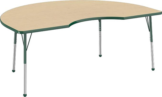 FDP Kidney Activity School and Office Table (48 x 72 inch), Standard Legs with Ball Glides for Collaborative Seating Environments, Adjustable Height 19-30 inches - Maple Top and Green Edge