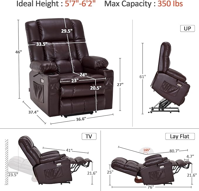 MCombo Large Dual Motor Power Lift Recliner Chair for Elderly, Zero Gravity Lift Chair with Heat and Massage, Infinite Position Lay Flat Recliner, USB Ports, Faux Leather 7896 (Dark Brown, Large)