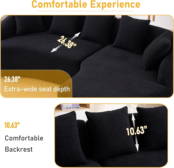 106.3" Curved Sofa with L-Shape Chaise,Modern Luxury Chenille 4-Seater Sofa,Curved Cloud Couch with 4 Throw Pillows for Living Room, Apartment (Black)