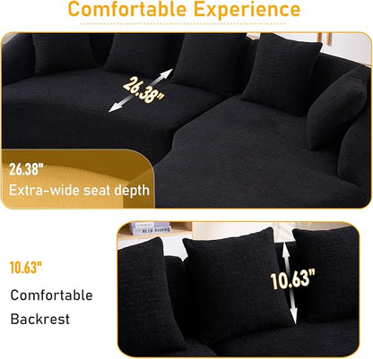 106.3" Curved Sofa with L-Shape Chaise,Modern Luxury Chenille 4-Seater Sofa,Curved Cloud Couch with 4 Throw Pillows for Living Room, Apartment (Black)