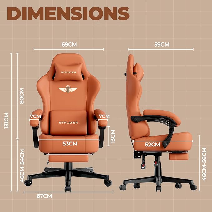 GTPLAYER Gaming Chair with Pocket Spring Cushion, Big and Tall Gamings Chairs 350LBS High Back Computer Chair with Footrest for Adults Lumbar Support Swivel Game Chair for Office, Leather Orange