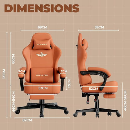 GTPLAYER Gaming Chair with Pocket Spring Cushion, Big and Tall Gamings Chairs 350LBS High Back Computer Chair with Footrest for Adults Lumbar Support Swivel Game Chair for Office, Leather Orange
