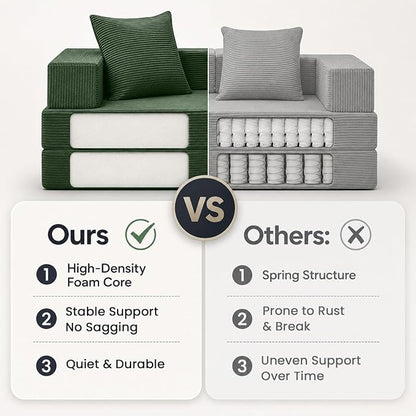 COMAX Futon Sofa Bed, Convertible Sofa Bed, Folding Boneless Couches | Boneless Couch for living room, 4‑in‑1 Fold Out Small Foldable Loveseat Floor Sleeper Mattress Lounge Space‑Saving, Green