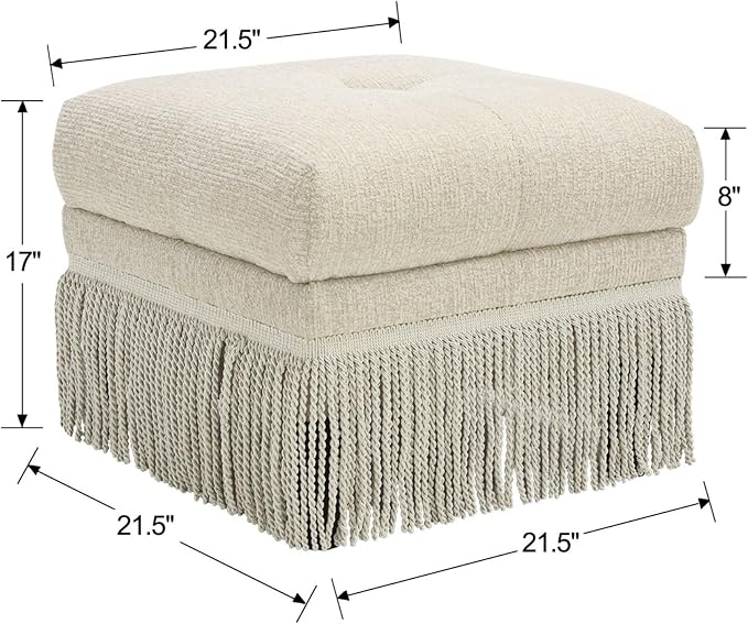 Hyfirm 22 Inch Square Beige Ottoman with Fringe for Living Room, Plush Modern Boho Upholstered Accent Pouf Ottomans Foot Rest for Bedroom, Footstool Ottoman End of Bed