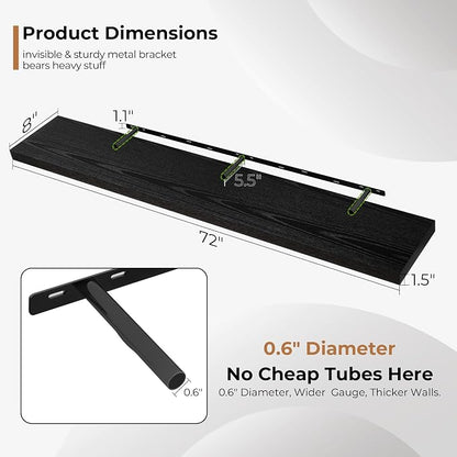 Fun Memories 72 Inch Floating Shelves for Wall, Fireplace Mantel Shelf with Invisible Heavy Duty Bracket, 8 Inch Deep Storage Shelf for Living Room, Kitchen, Farmhouse, Black (2-Pack)
