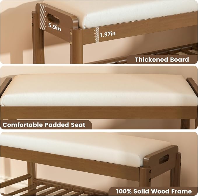Entryway Shoe Storage Bench, 2-Tier Wood Shoe Rack with Cushion, Padded Seat Entryway Organizer with Shelf & Hidden Storage for Entry, Hallway, Living Room, Bedroom, Closet (Walnut, 31.5")