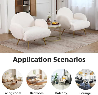 Accent Chair White with Golden Metal Legs,Reading Chair for Bedroom Comfy, Boucle Sherpa Chair for Living Room, Bedroom