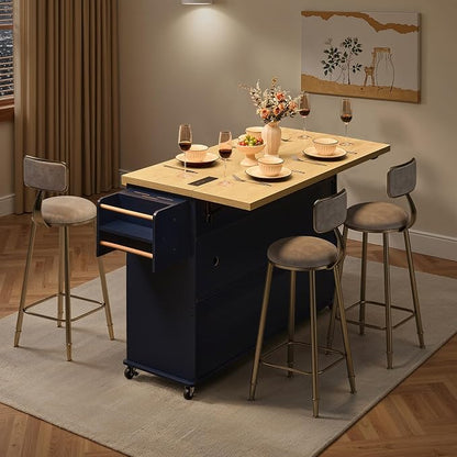 60.2" Kitchen Islands with Storage, Rolling Island Table with Trash Can Storage Cabinet, Mobile Island Cart with Drop Leaf & Power Outlet & Spice Rack & Towel Rack & Knife Holder, Blue