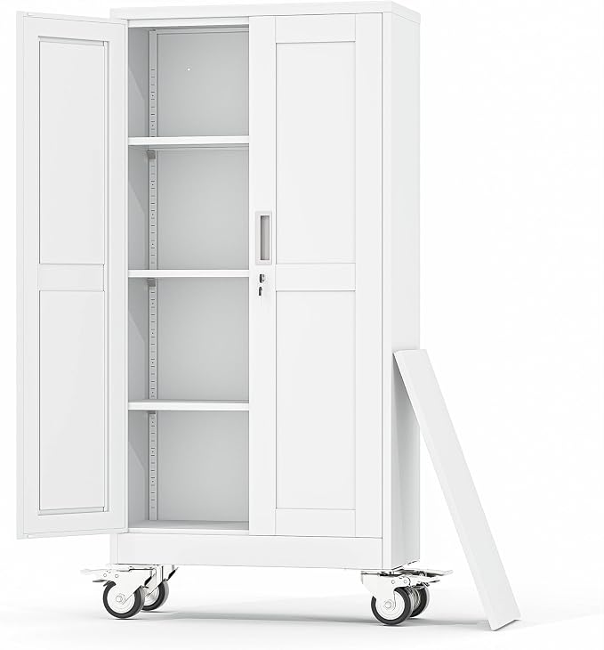 Metal Garage Storage Cabinet, 61”Tall Rolling Utility Cabinet White | storage system with Wheels, Lock, 3 Adjustable Shelves, Heavy Duty Steel Tool Locker for Home Office, Utility Room, Gym
