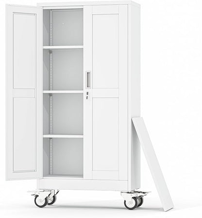 Metal Garage Storage Cabinet, 61”Tall Rolling Utility Cabinet White | storage system with Wheels, Lock, 3 Adjustable Shelves, Heavy Duty Steel Tool Locker for Home Office, Utility Room, Gym