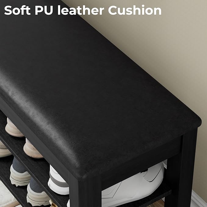 Homleke 2-Tier Solid Wood Shoe Rack Bench with Flip-Top Storage | Entryway Bench with Cushion, Adjustable Shelf, Holds Up to 10 Pairs, for Hallway, Bedroom and Closet, Black, 39.4 Inch