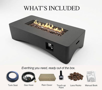 56" Propane Fire Pit Table, 50,000 BTU Rectangular Outdoor Gas Fire Pit, Concrete Patio Fire Table with Tank Seat, Lava Rocks & Waterproof Cover for Backyard Deck, Dark Grey