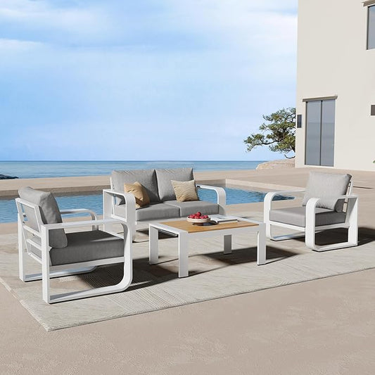 Oversized Aluminum Outdoor Furniture Set, Extra Large Patio Furniture Sofa Set 4.8” Widened Armrest & Ultra-Thick Cushions, 4 Pcs Modern Patio Sectional for Backyard, Deck, White
