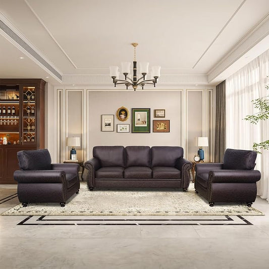 Couchus Living Room Furniture Sets,Sofa Sets and Couch Sets for Living Room,Mid-Century Vintage Sofa Couches with Rivet Design (Brown, 2 Single+3 Seater)