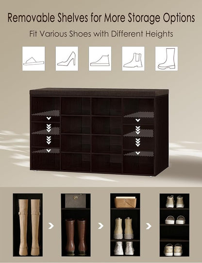 DINZI LVJ Shoe Storage Bench with Cushion, 14-Cubby Shoe Rack, Adjustable Shelves, Multifunctional Shoe Organizer Bench for Entryway, Mudroom, Hallway, Living Room, Bedroom and Garage, Espresso