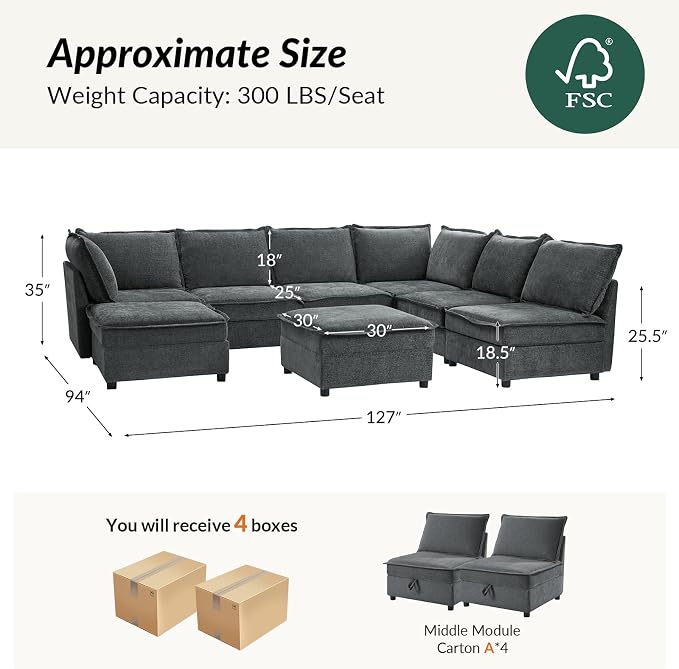 HULALA HOME Oversized Modular Sectional Sofa, 8 Seat U Shaped Couch with Storage Ottoman, Comfy Chenille Sofa with Deep Seat, Convertible Sectional Couches for Living Room, Grey