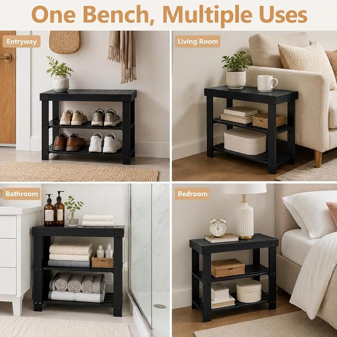 Shoe Rack Bench, 3-Tier Shoe Storage Organizer for Entryway , Shoe Shelf for Small Spaces, Multi-Functional Side Table Plant Stand, Shoe Stand for Bedroom, Living Room, Closet, Front Door, Black