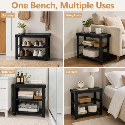 Shoe Rack Bench, 3-Tier Shoe Storage Organizer for Entryway , Shoe Shelf for Small Spaces, Multi-Functional Side Table Plant Stand, Shoe Stand for Bedroom, Living Room, Closet, Front Door, Black