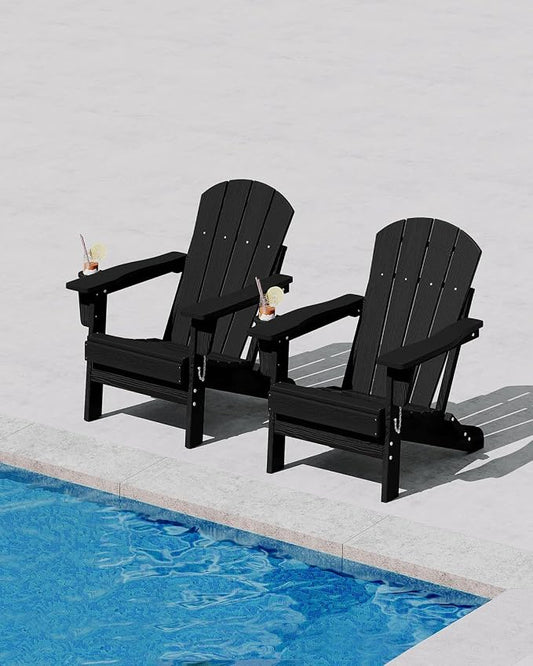 Garvee Folding Adirondack Chair Set of 2 with Side Table, HDPE Outdoor Patio Chair with Cup Holder, All Weather Resistent Wooden Textured for patios, Decks, Gardens, fire Pit, Black