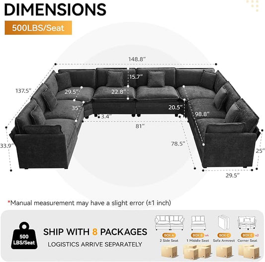 147'' Oversized U Shaped Cloud Sectional Sofa, Chenille Deep Seat Couches for Living Room, Comfy Upholstered Modular Sectional Sofa Couch, Dark Grey