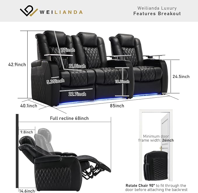 Weilianda Home Theater Seating Top Grain Leather Zero Gravity Recliner Chair Power Headrest Recline Movie Seat Gaming 7 Colors Mood Light Sofa with Tray Table USB Charge Row of 3 Loveseat Left Black