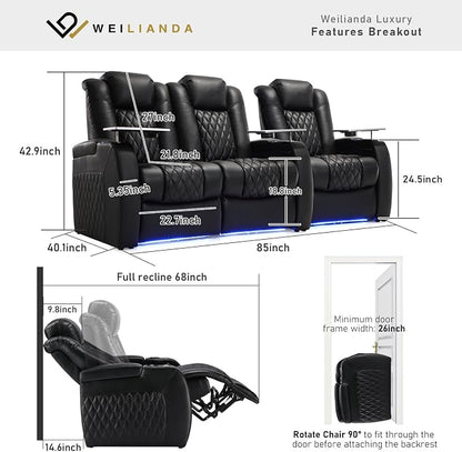 Weilianda Home Theater Seating Top Grain Leather Zero Gravity Recliner Chair Power Headrest Recline Movie Seat Gaming 7 Colors Mood Light Sofa with Tray Table USB Charge Row of 3 Loveseat Left Black