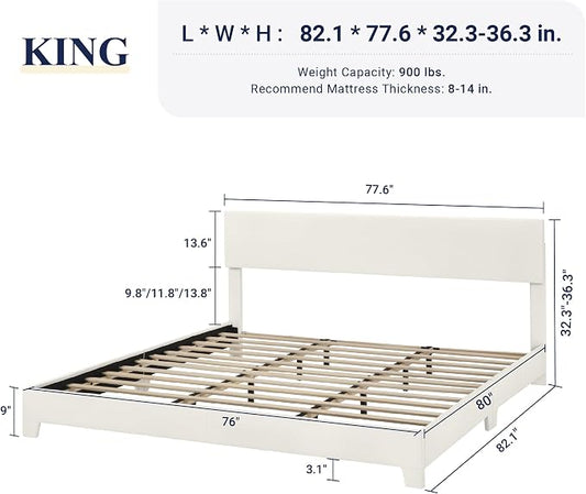 Allewie King Size Bed Frame with Adjustable Headboard, Faux Leather Platform Bed with Wood Slats, Heavy Duty Mattress Foundation, No Box Spring Needed, Noise-Free, Easy Assembly, White