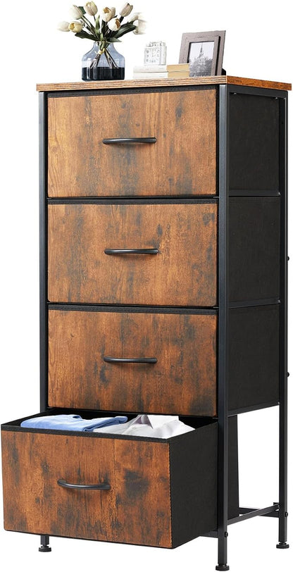 DUMOS Nightstand with 4 Drawers, Fabric Dresser Bedside Table with Removable Bins, Sturdy Steel Frame Wood Top Organizer Furniture for Bedroom Dorm Closet Living Room