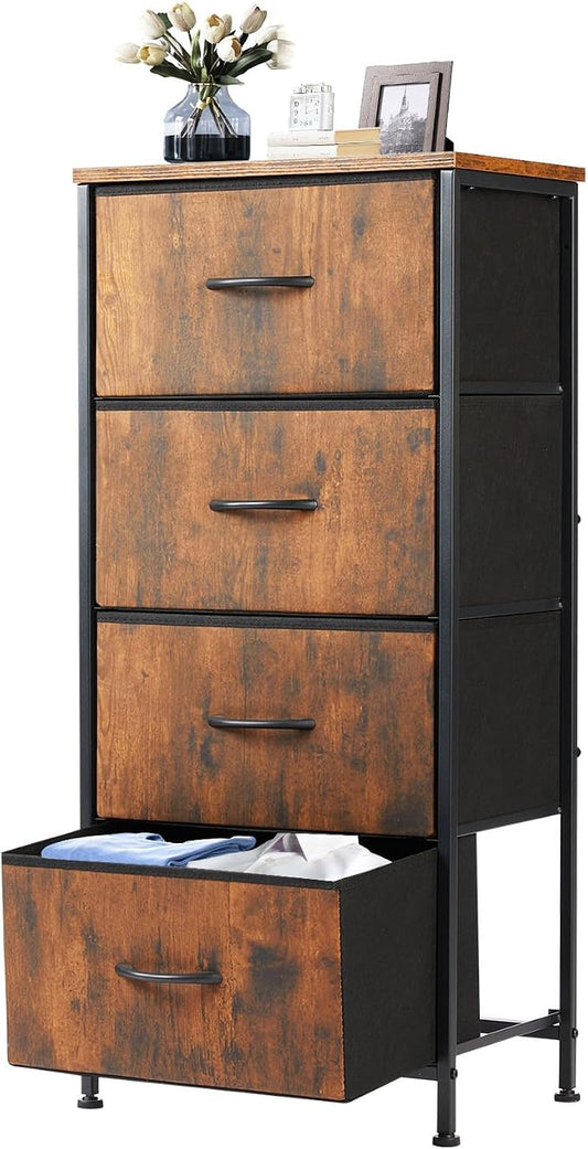 DUMOS Nightstand with 4 Drawers, Fabric Dresser Bedside Table with Removable Bins, Sturdy Steel Frame Wood Top Organizer Furniture for Bedroom Dorm Closet Living Room
