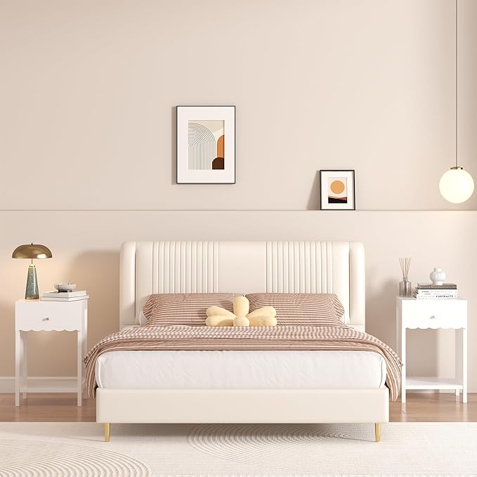 Night Stand Nightstand with Drawer and Open Shelf, Cute Scalloped Edge Bedside Table for Girls Bedroom, Modern Wood End Table, Coquette Preppy Room Decor for Bedroom, Dorm