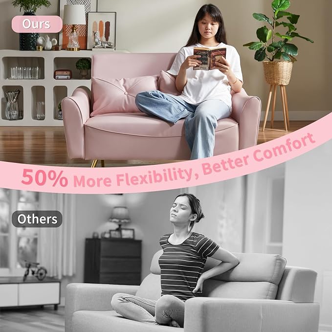 Brelice 47" Faux Leather Loveseat Sofa, Modern Small Couch for Small Space with 2 Pillows, 2 Seater Couch for Living Room, Bedroom, Office, Apartment (Pink)