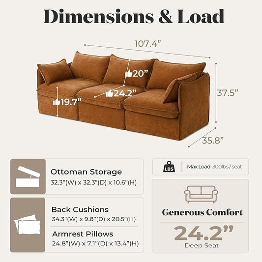 Cloud Modular Sofa, Oversized Deep Seat Comfort, Luxe Chenille | Fully Removable Washable Covers, Memory Foam Seat Cushions, Premium Fabric