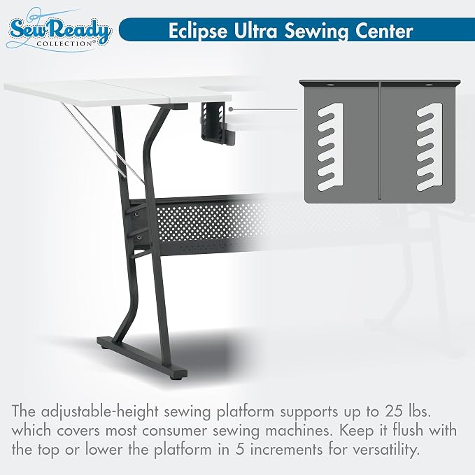 Sew Ready Eclipse Hobby Sewing Table, 60.25 x 23.75" Overall Platform Size with Large Lower Storage Drawer, 2 Side Shelves & Cloth Drawer, Black/White