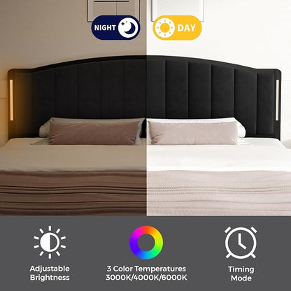 Headboard for Queen Size Bed with LED Lights, Upholstered Vertical Channel Tufting Head Boards, Velvet Headboard Only, Attach Frame, Ideal for Bedroom, Dorm, Guest Room, Black