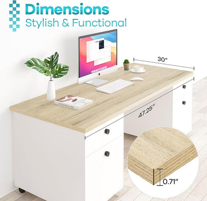 Kaboon Universal Tabletop 47.25"x30", Solid One-Piece Melamine Table Top, Double Desk L-Desk DIY, Home and Office, Oak/Grey Tone