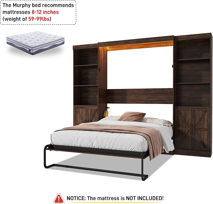 Hlivelood Full Size Murphy Bed w/2 Storage Cabinet&2 LED Light, Farmhouse Wood Hidden Foldable Wall Bed Frame, Storage Bed Cabinet for Bedroom, Office, Space-Saving, No Box Spring Needed, Brown