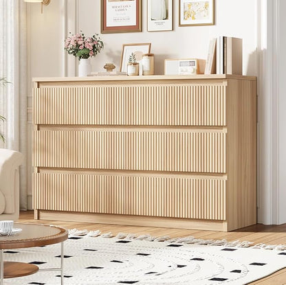 Jocoevol 6 Drawer Fluted Dresser, Modern Chest of Drawers for Bedroom with Hidden Handles, Wood Storage Organizer Cabinet for Living Room & Entryway, Natural Oak (15.7" D x 47.3" W x 31.6" H)