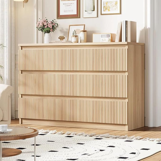 Jocoevol 6 Drawer Fluted Dresser, Modern Chest of Drawers for Bedroom with Hidden Handles, Wood Storage Organizer Cabinet for Living Room & Entryway, Natural Oak (15.7" D x 47.3" W x 31.6" H)