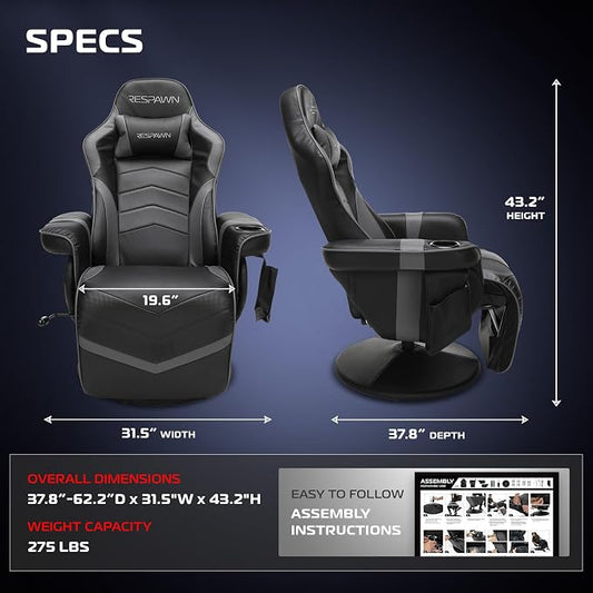 Respawn 900 Console Gaming Recliner with Footrest and Lumbar Support - Comfortable Ergonomic Gaming Chair with Headrest, No Wheels, Reclining, Heavy Duty, Racing Style Video Game Chairs - Gray