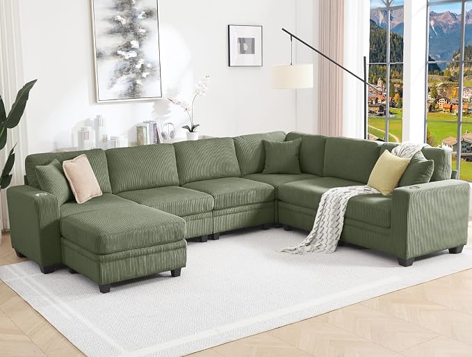 127" Modular Sectional Sofa with Storage, Corduroy 7-Seater V-Shaped Sofa with Ottoman Chaise, Convertible L-Shaped U-Shaped Cloud Sectional Couches for Living Room, Apartment
