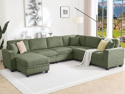 127" Modular Sectional Sofa with Storage, Corduroy 7-Seater V-Shaped Sofa with Ottoman Chaise, Convertible L-Shaped U-Shaped Cloud Sectional Couches for Living Room, Apartment