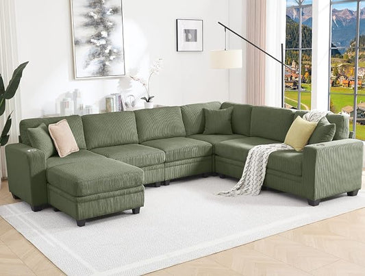 127" Modular Sectional Sofa with Storage, Corduroy 7-Seater V-Shaped Sofa with Ottoman Chaise, Convertible L-Shaped U-Shaped Cloud Sectional Couches for Living Room, Apartment