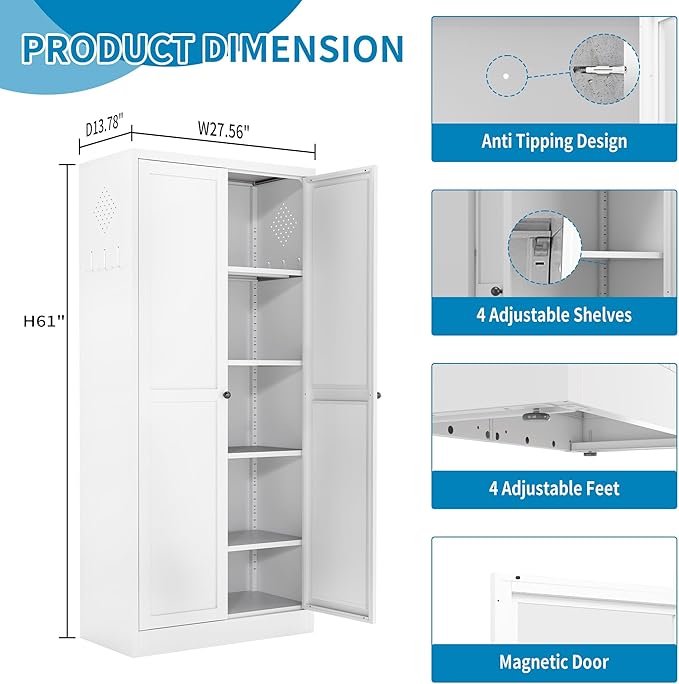 61" H White Metal Kicthen Pantry Storage Cabinet 5-Tier Cupboard | Pantry with 2 Doors & 4 Adjustable Shelves, Tall Metal Locker for Kitchen, Living Room, Garage, Assembly Require