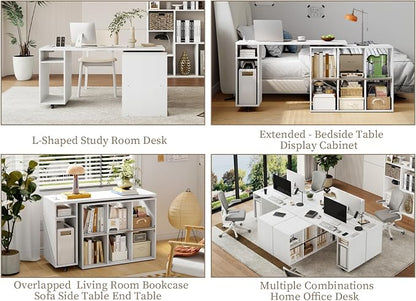 BOSHIRO White L-Shaped Computer Desk Table with Charging Station–Small Study Writing Desk with Backless Storage Shelves, 67” Bedroom Side Table & 360°Rotating Desk