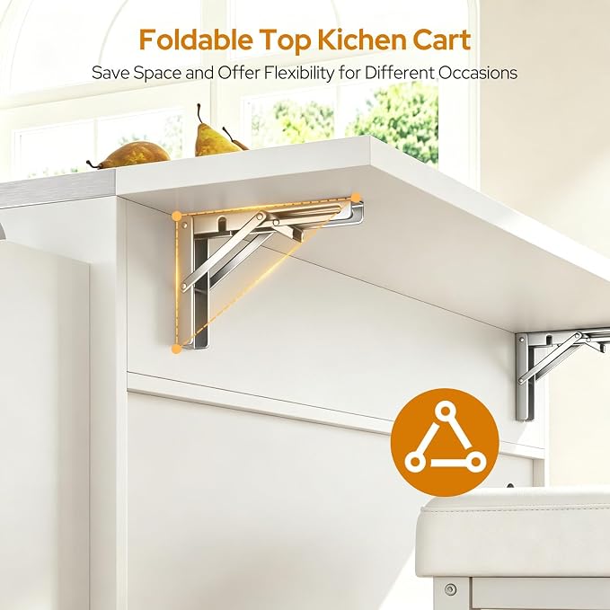 Concho 41'' Kitchen Island with Seating and Stainless Steel Countertop, Rolling Kitchen Carts on Wheels with Folding Drop Leaf, Bar Stool, Power Outlet, Spice/Towel Rack, White