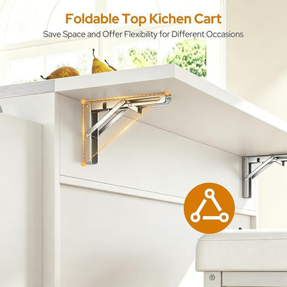 Concho 41'' Kitchen Island with Seating and Stainless Steel Countertop, Rolling Kitchen Carts on Wheels with Folding Drop Leaf, Bar Stool, Power Outlet, Spice/Towel Rack, White