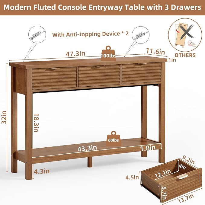 LEYAOYAO Fluted 47.2" Console Table with 3 Drawers, Modern Wood 2 Tier Entryway Table with Open Storage Shelf, Boho Sofa Entry Tables Behind Couch for Living Room, Hallway, Entrance Foyer, Tea Brown