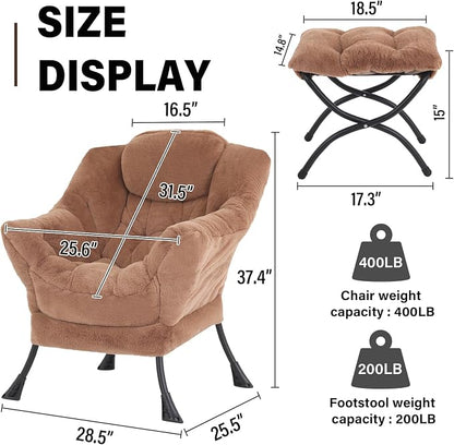 Lazy Chair with Ottoman, Modern Accent Chair Lounge Leisure Sofa Chair with Armrests, Reading Chair and Folding Footstool for Living Room, Bedroom, Office, Plush Brown