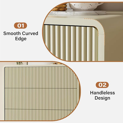 Furniway Bedroom Dresser Set 3 Piece, 5 Drawer Curved Dresser with 2 Nightstands, Modern Fluted Wood Storage Cabinet, White Chest of Drawers with Pop-Up Design, Beige